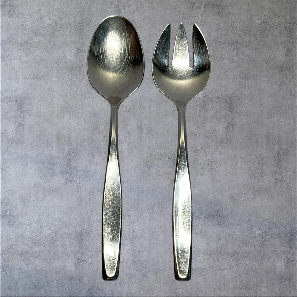 American Stainless Salad Servers Set Silver Tone Mid Century Modern USA Made